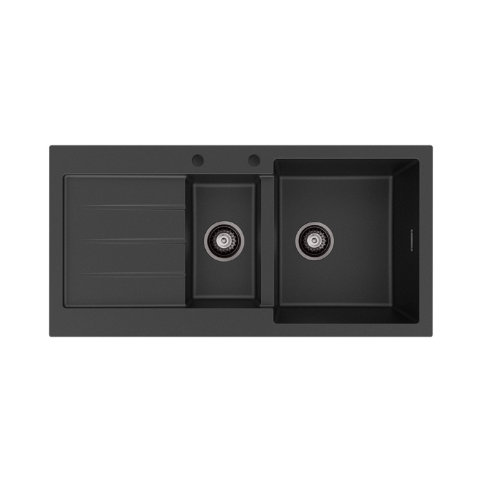 fienza Kuro Granite 32L/14L Double Kitchen Sink with Drainer Right Bowl 2 Tap Holes Matte Black