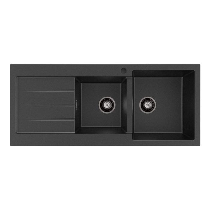 fienza Kuro Granite 32L/22L Double Kitchen Sink with Drainer Right Bowl 1 Tap Hole Matte Black