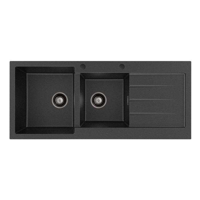 fienza Kuro Granite 32L/22L Double Kitchen Sink with Drainer Left Bowl 2 Tap Holes Matte Black