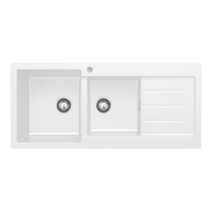 fienza Kuro Granite 32L/22L Double Kitchen Sink with Drainer Left Bowl 1 Tap Hole Matte White