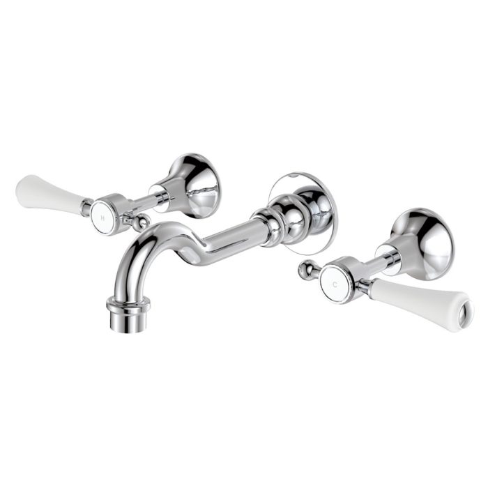 fienza Lillian Lever Basin/Bath Wall Set. Chrome with Ceramic White Handle