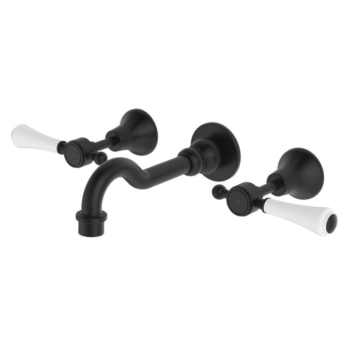 fienza Lillian Lever Basin/Bath Wall Set Matte Black with Ceramic White Handle