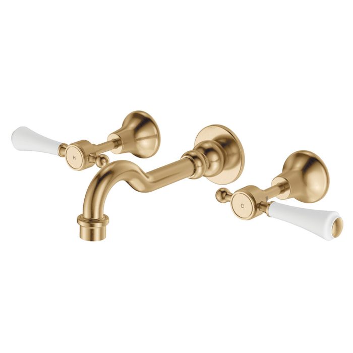 fienza Lillian Lever Basin/Bath Wall Set Urban Brass with Ceramic White Handle