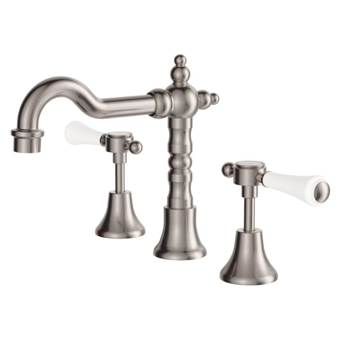 fienza Lillian Lever Basin Set Brushed Nickel with Ceramic White Handle