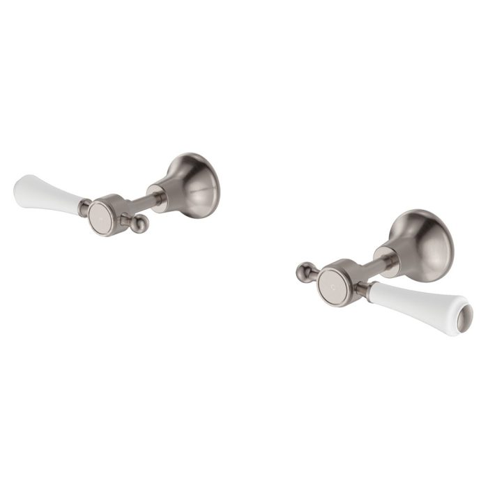 fienza Lillian Lever Wall Top Assemblies Brushed Nickel with Ceramic White Handle