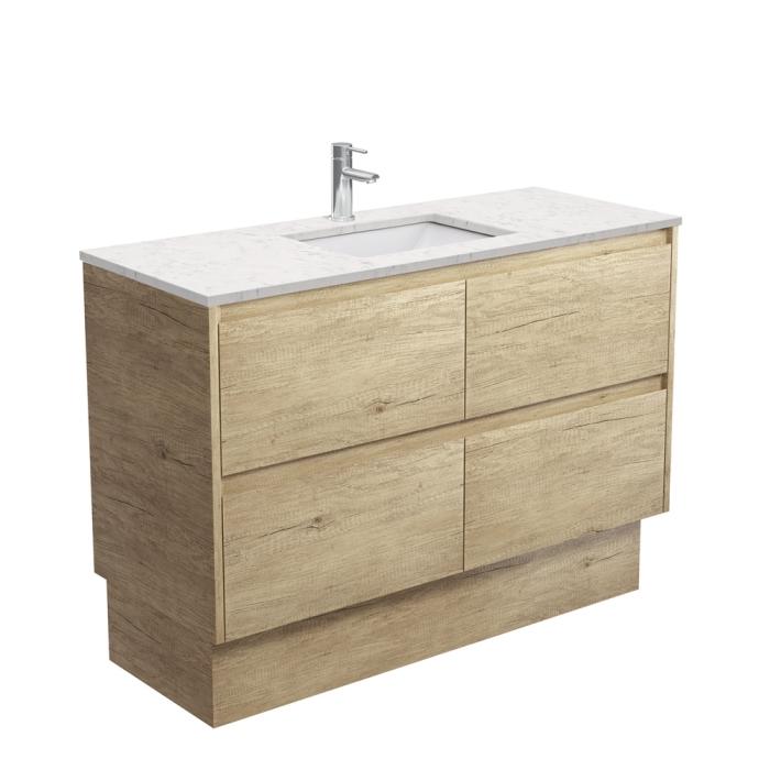 fienza Sarah Bianco Marble Undermount 1200 Amato Scandi Oak Vanity on Kick