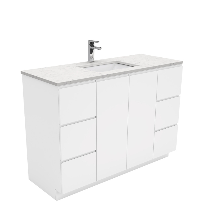 fienza Sarah Bianco Marble Undermount 1200 Fingerpull Gloss White Vanity on Kick