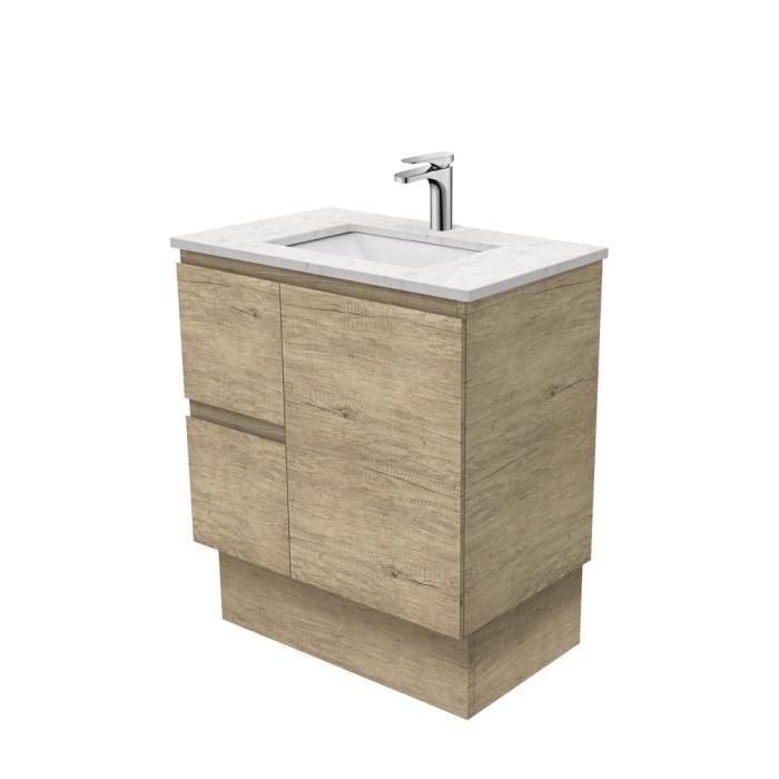 fienza Sarah Bianco Marble Undermount 750 Edge Scandi Oak Vanity on Kick Left Drawers