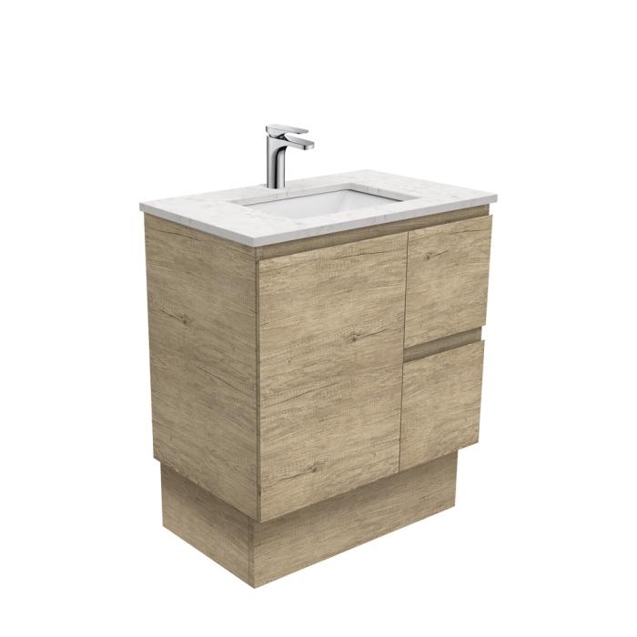 fienza Sarah Bianco Marble Undermount 750 Edge Scandi Oak Vanity on Kick Right Drawers
