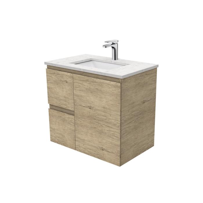 fienza Sarah Bianco Marble Undermount 750 Edge Scandi Oak Wall-Hung Vanity Left Drawers