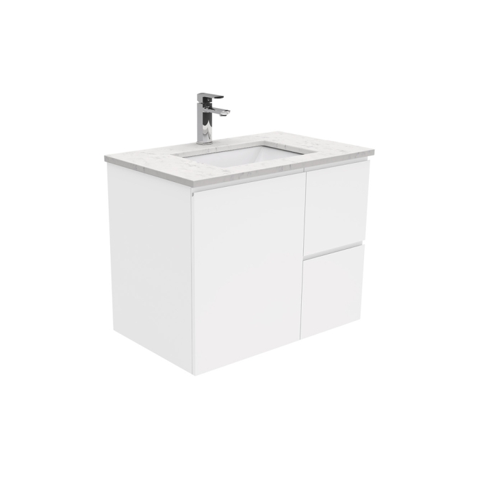 fienza Sarah Bianco Marble Undermount 750 Fingerpull Gloss White Wall-Hung Vanity Right Drawers