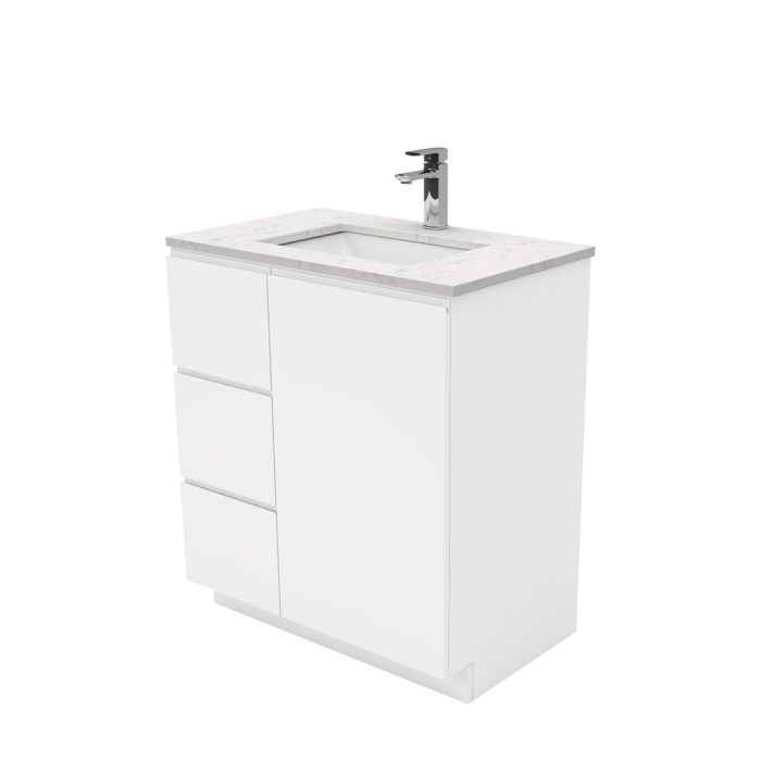 fienza Sarah Bianco Marble Undermount 750 Fingerpull Gloss White Vanity on Kick Left Drawers