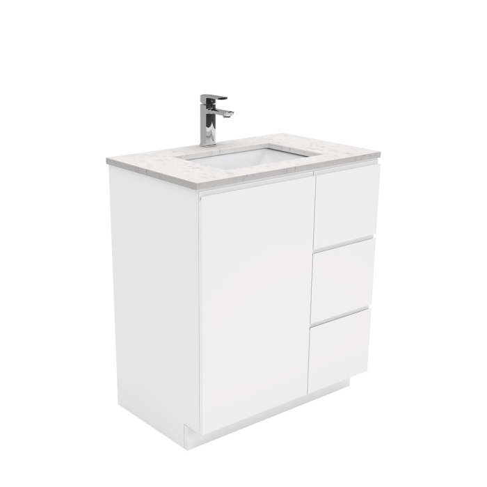 fienza Sarah Bianco Marble Undermount 750 Fingerpull Gloss White Vanity on Kick Right Drawers