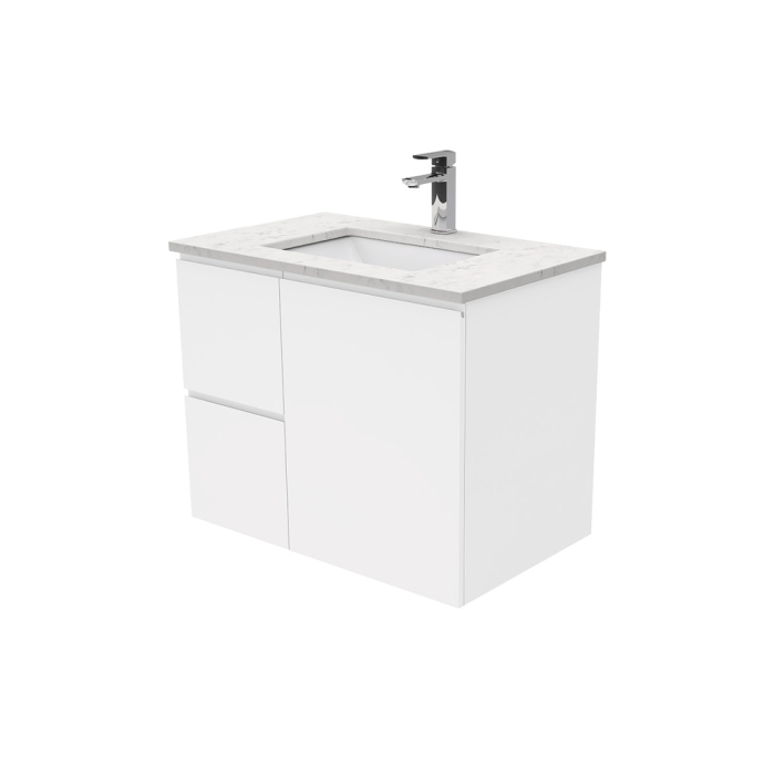 fienza Sarah Bianco Marble Undermount 750 Fingerpull Gloss White Wall-Hung Vanity Left Drawers