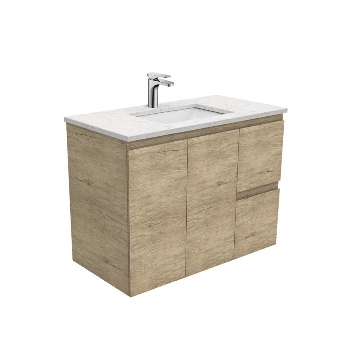fienza Sarah Bianco Marble Undermount 900 Edge Scandi Oak Wall-Hung Vanity Right Drawers