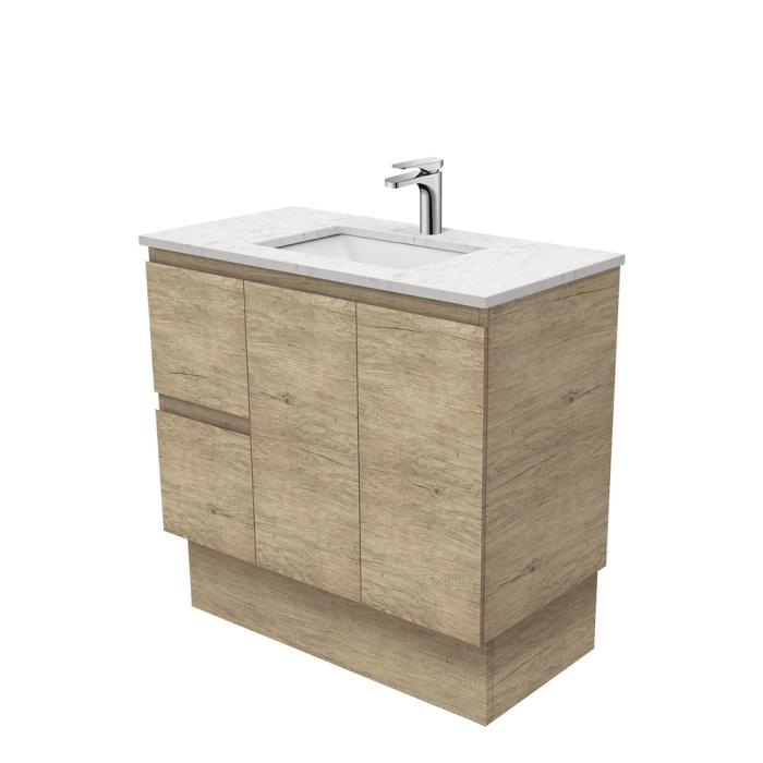 fienza Sarah Bianco Marble Undermount 900 Edge Scandi Oak Vanity on Kick Left Drawers