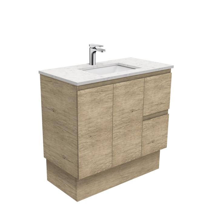 fienza Sarah Bianco Marble Undermount 900 Edge Scandi Oak Vanity on Kick Right Drawers