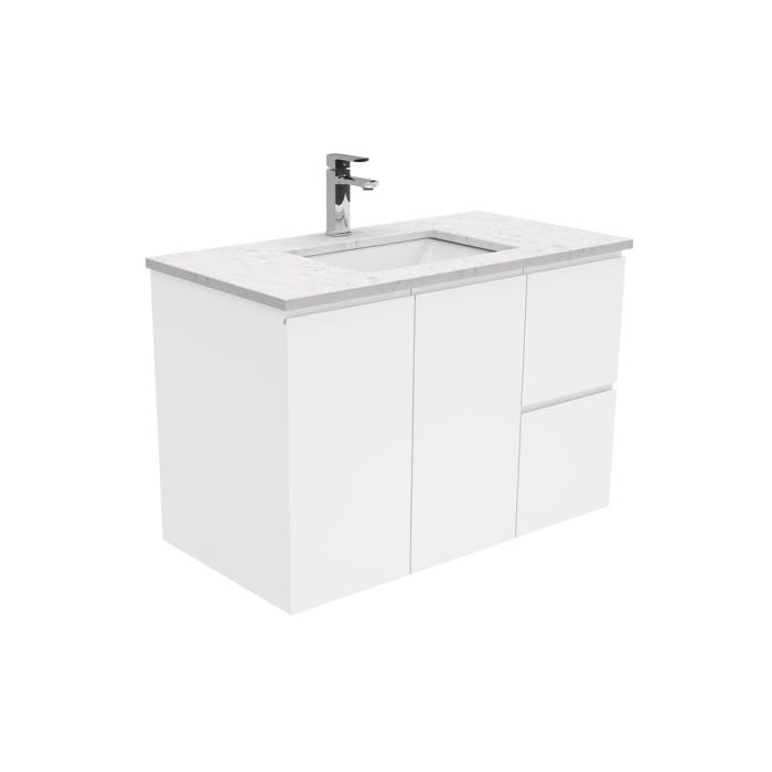 fienza Sarah Bianco Marble Undermount 900 Fingerpull Gloss White Wall-Hung Vanity Right Drawers