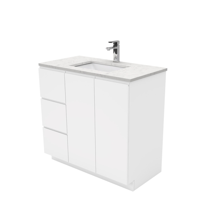 fienza Sarah Bianco Marble Undermount 900 Fingerpull Gloss White Vanity on Kick Left Drawers