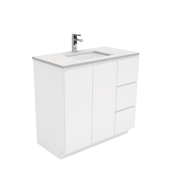 fienza Sarah Bianco Marble Undermount 900 Fingerpull Gloss White Vanity on Kick Right Drawers