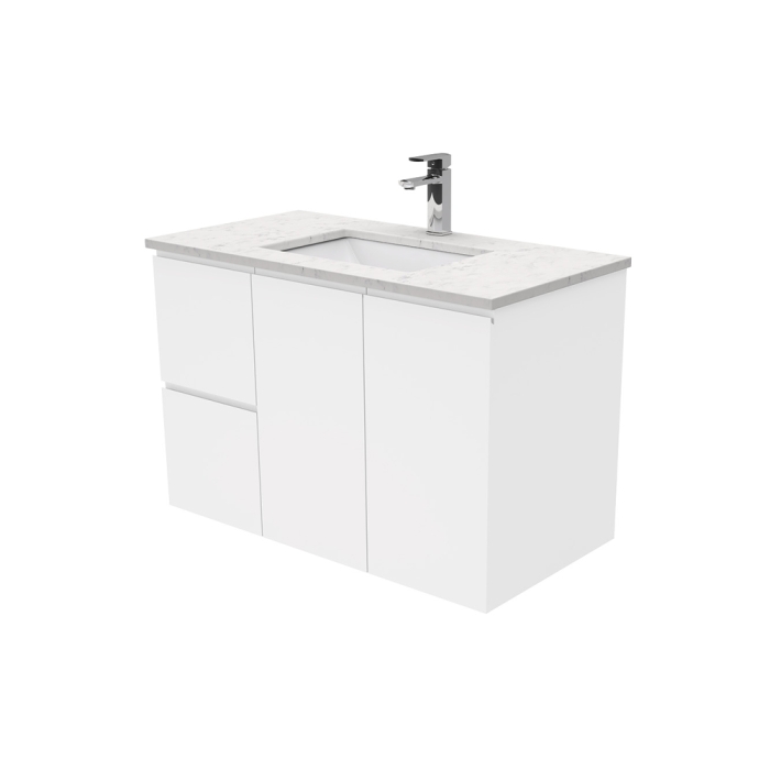 fienza Sarah Bianco Marble Undermount 900 Fingerpull Gloss White Wall-Hung Vanity Left Drawers