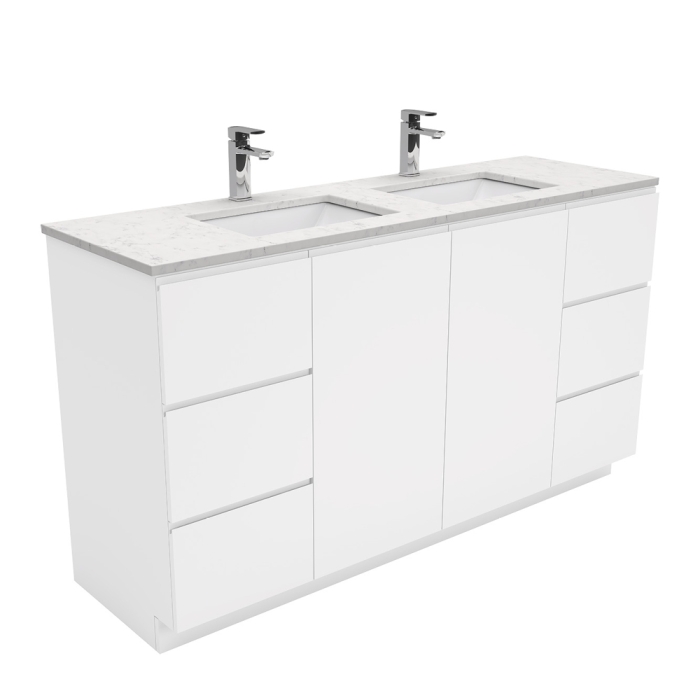 fienza Sarah Bianco Marble Undermount Double Bowl 1500 Fingerpull Gloss White Vanity on Kick