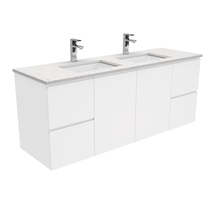 fienza Sarah Bianco Marble Undermount Double Bowl 1500 Fingerpull Gloss White Wall-Hung Vanity