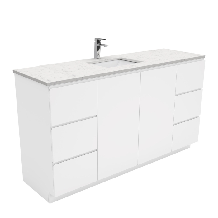 fienza Sarah Bianco Marble Undermount Single Bowl 1500 Fingerpull Gloss White Vanity on Kick