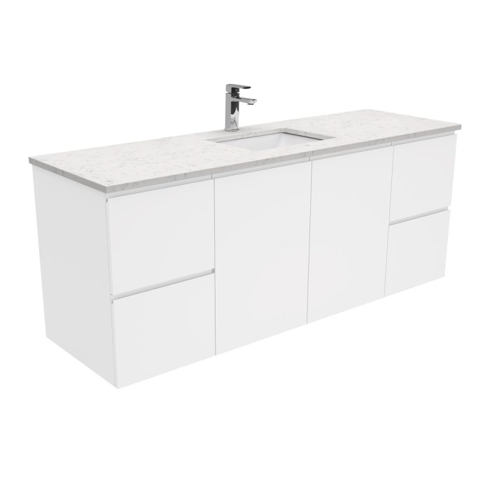 fienza Sarah Bianco Marble Undermount Single Bowl 1500 Fingerpull Gloss White Wall-Hung Vanity