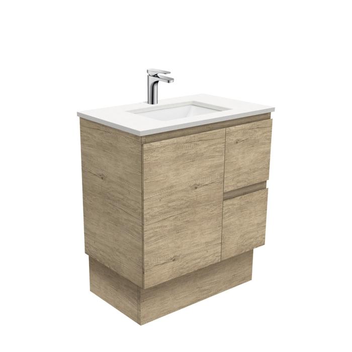 fienza Sarah Crystal Pure Undermount 750 Edge Scandi Oak Vanity on Kick Right Drawers