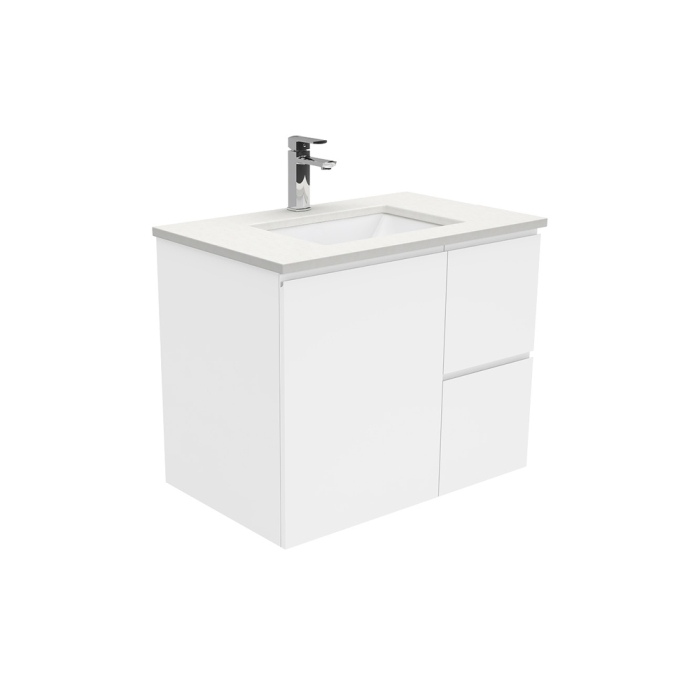 fienza Sarah Crystal Pure Undermount 750 Fingerpull Gloss White Wall-Hung Vanity Right Drawers