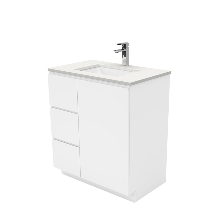 fienza Sarah Crystal Pure Undermount 750 Fingerpull Gloss White Vanity on Kick Left Drawers