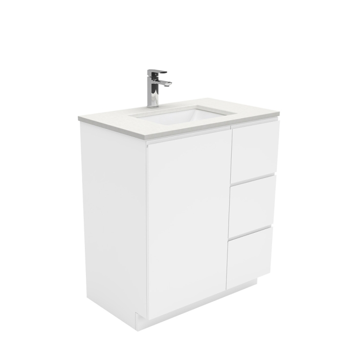 fienza Sarah Crystal Pure Undermount 750 Fingerpull Gloss White Vanity on Kick Right Drawers