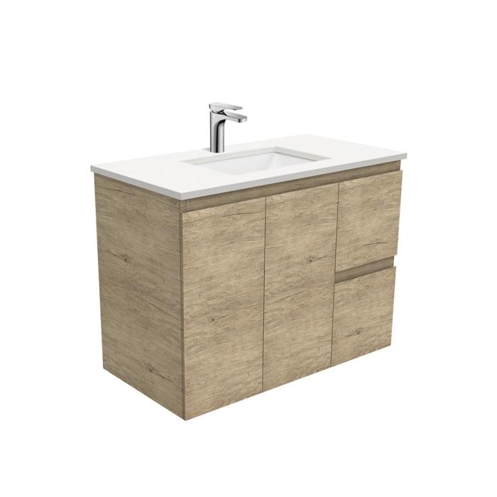 fienza Sarah Crystal Pure Undermount 900 Edge Scandi Oak Wall-Hung Vanity Right Drawers
