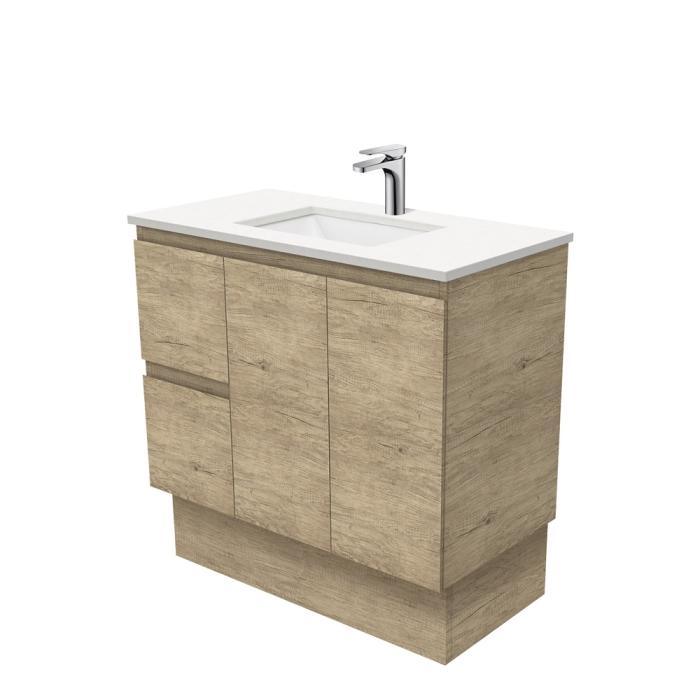 fienza Sarah Crystal Pure Undermount 900 Edge Scandi Oak Vanity on Kick Left Drawers