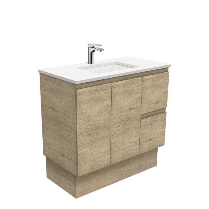fienza Sarah Crystal Pure Undermount 900 Edge Scandi Oak Vanity on Kick Right Drawers