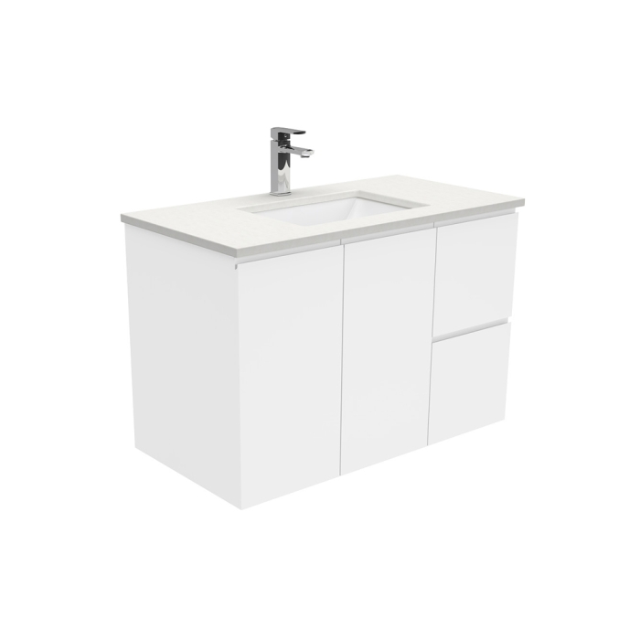 fienza Sarah Crystal Pure Undermount 900 Fingerpull Gloss White Wall-Hung Vanity Right Drawers