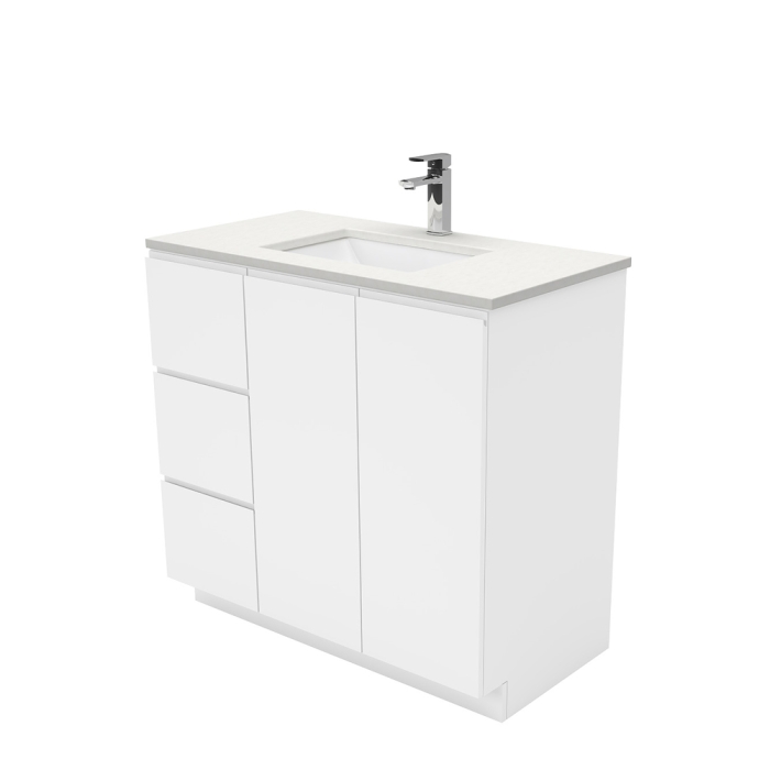 fienza Sarah Crystal Pure Undermount 900 Fingerpull Gloss White Vanity on Kick Left Drawers