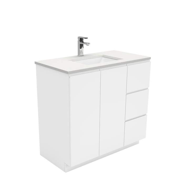 fienza Sarah Crystal Pure Undermount 900 Fingerpull Gloss White Vanity on Kick Right Drawers