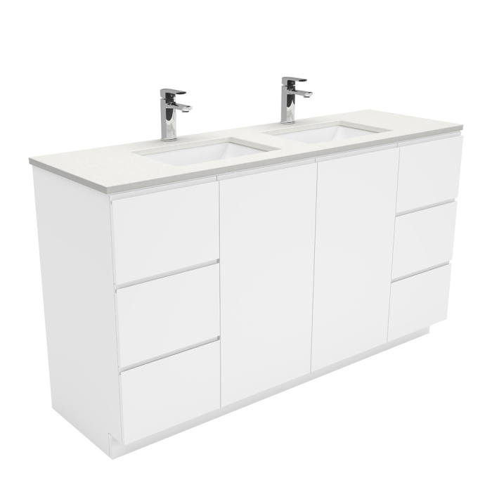 fienza Sarah Crystal Pure Undermount Double Bowl 1500 Fingerpull Gloss White Vanity on Kick