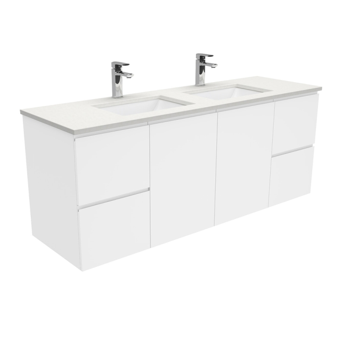 fienza Sarah Crystal Pure Undermount Double Bowl 1500 Fingerpull Gloss White Wall-Hung Vanity