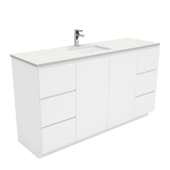 fienza Sarah Crystal Pure Undermount Single Bowl 1500 Fingerpull Gloss White Vanity on Kick