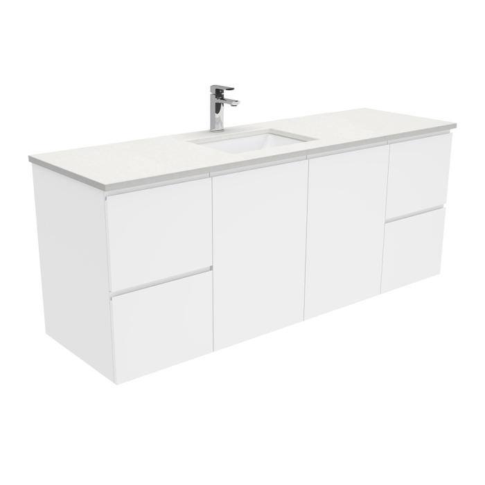 fienza Sarah Crystal Pure Undermount Single Bowl 1500 Fingerpull Gloss White Wall-Hung Vanity