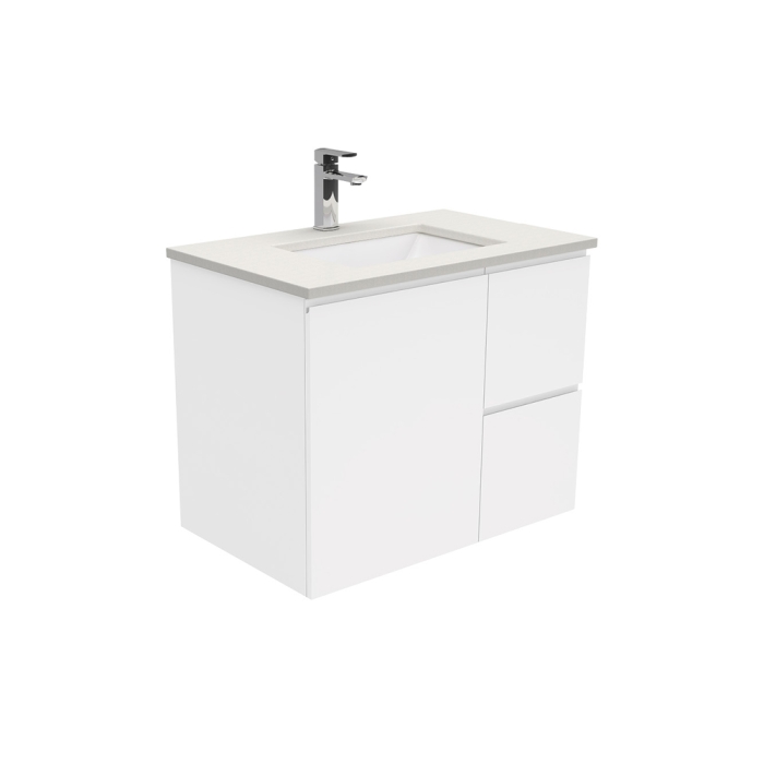 fienza Sarah Roman Sand Undermount 750 Fingerpull Gloss White Wall-Hung Vanity Right Drawers
