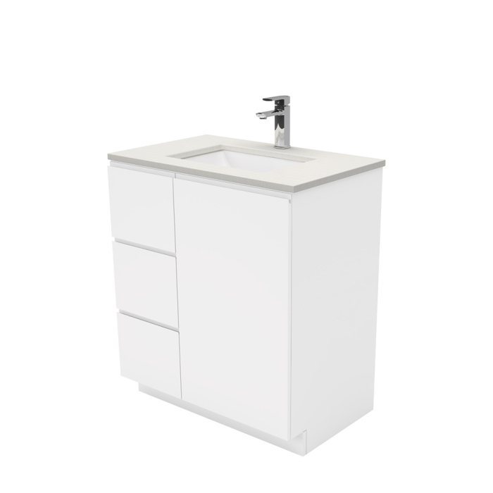 fienza Sarah Roman Sand Undermount 750 Fingerpull Gloss White Vanity on Kick Left Drawers