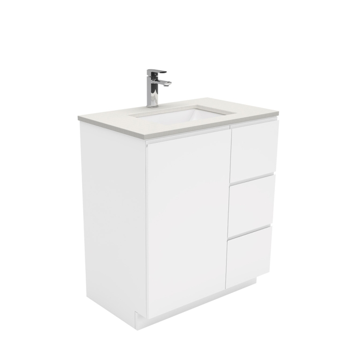 fienza Sarah Roman Sand Undermount 750 Fingerpull Gloss White Vanity on Kick Right Drawers