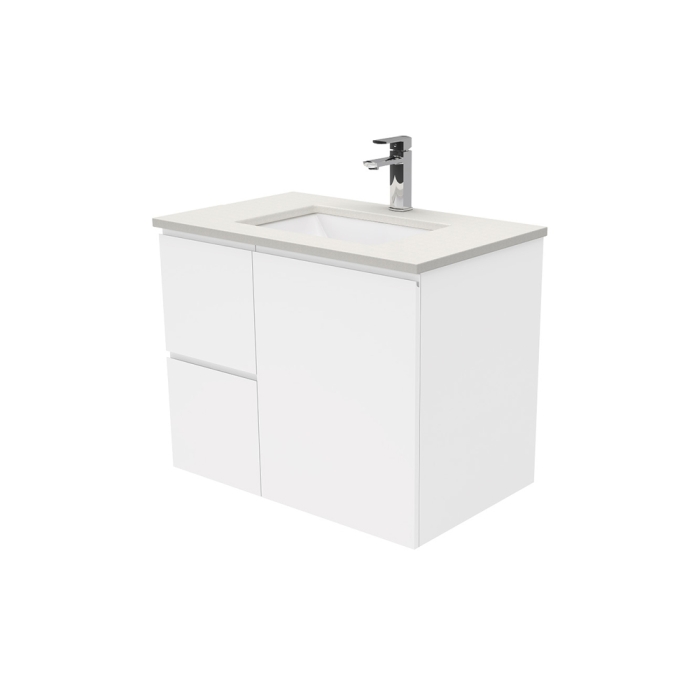 fienza Sarah Roman Sand Undermount 750 Fingerpull Gloss White Wall-Hung Vanity Left Drawers