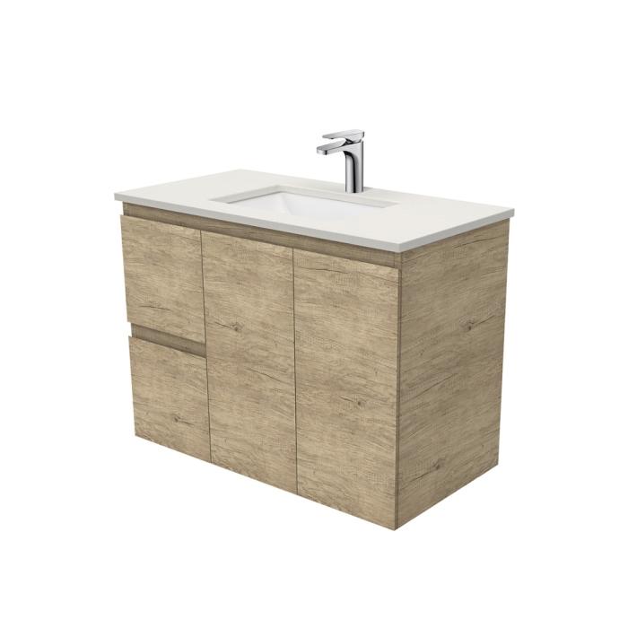 fienza Sarah Roman Sand Undermount 900 Edge Scandi Oak Wall-Hung Vanity Left Drawers