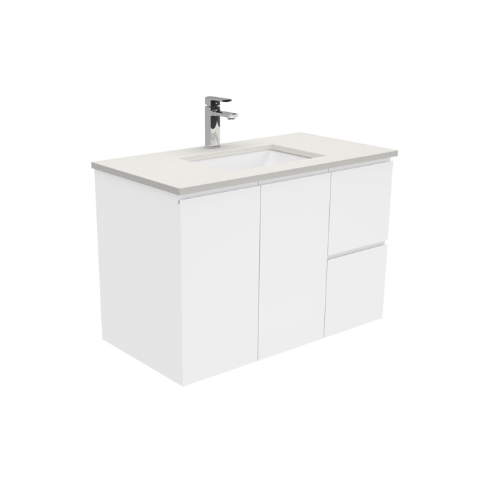 fienza Sarah Roman Sand Undermount 900 Fingerpull Gloss White Wall-Hung Vanity Right Drawers