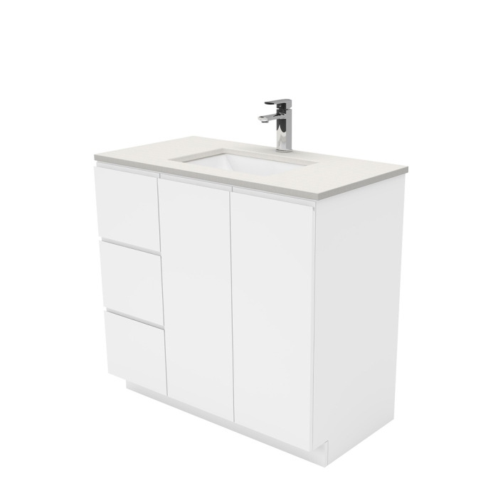 fienza Sarah Roman Sand Undermount 900 Fingerpull Gloss White Vanity on Kick Left Drawers